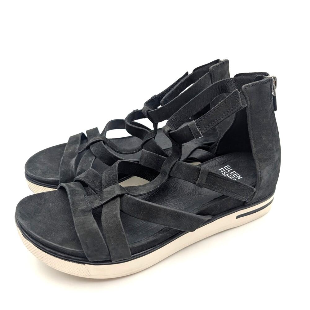 Eileen Fisher Sola Tumbled Nubuck Leather Sandals Women's Black Size US6.5 EU37